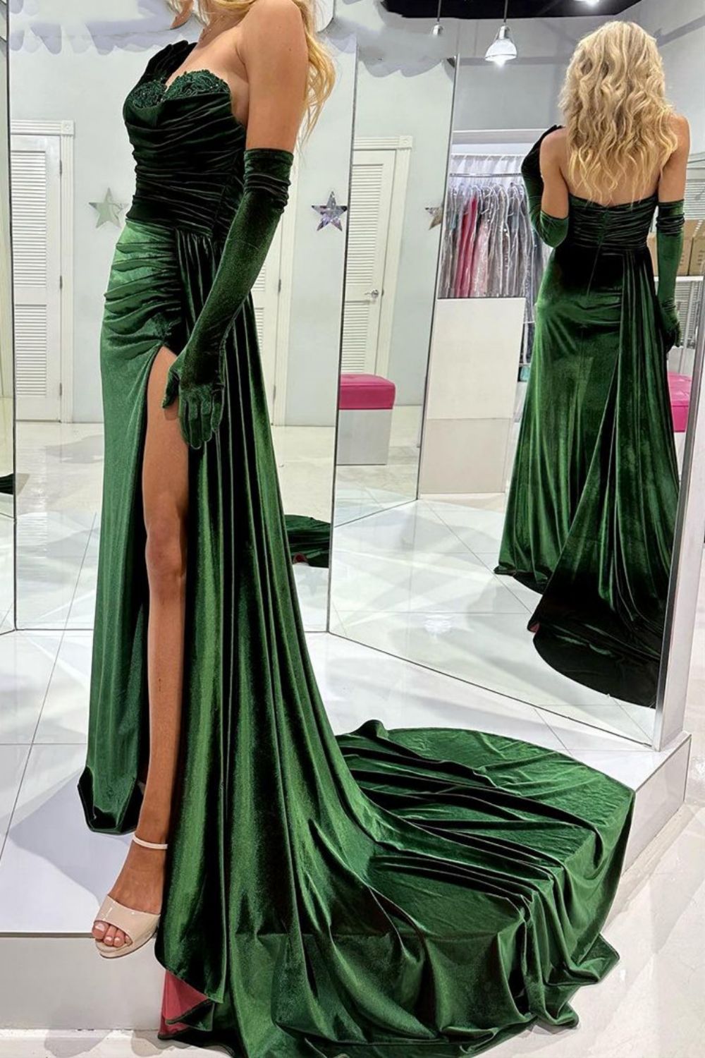 Stylish Mermaid Sweetheart Dark Green Velvet Prom Dress with Split Front - View 4 | VelvetHem