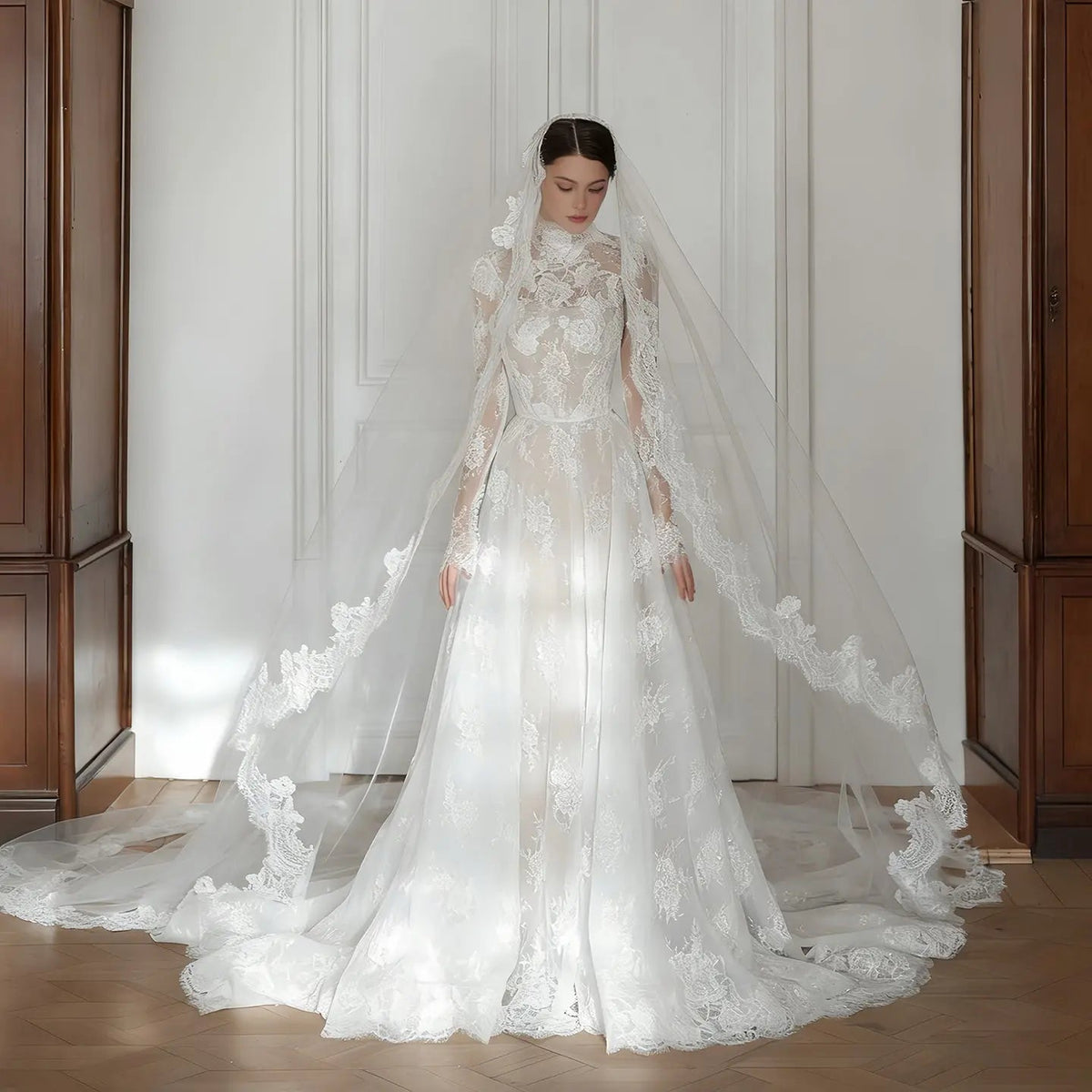 Regal Ivory Lace High Neck Long Sleeve Wedding Dress with Cathedral Veil ZP105