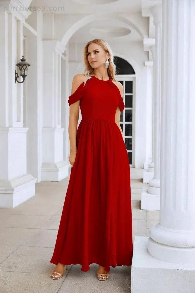 Ladies Chiffon Off Shoulder Swing Sleeve Front Slit Bridesmaid Evening Dress Wedding Party Evening Dress 28117 (ZD17011)