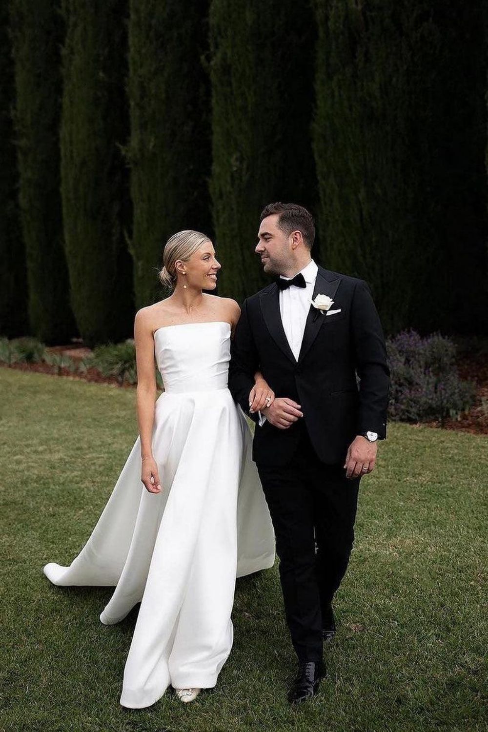 Simple A Line Strapless White Long Bridal Dress with Train - View 2 | VelvetHem