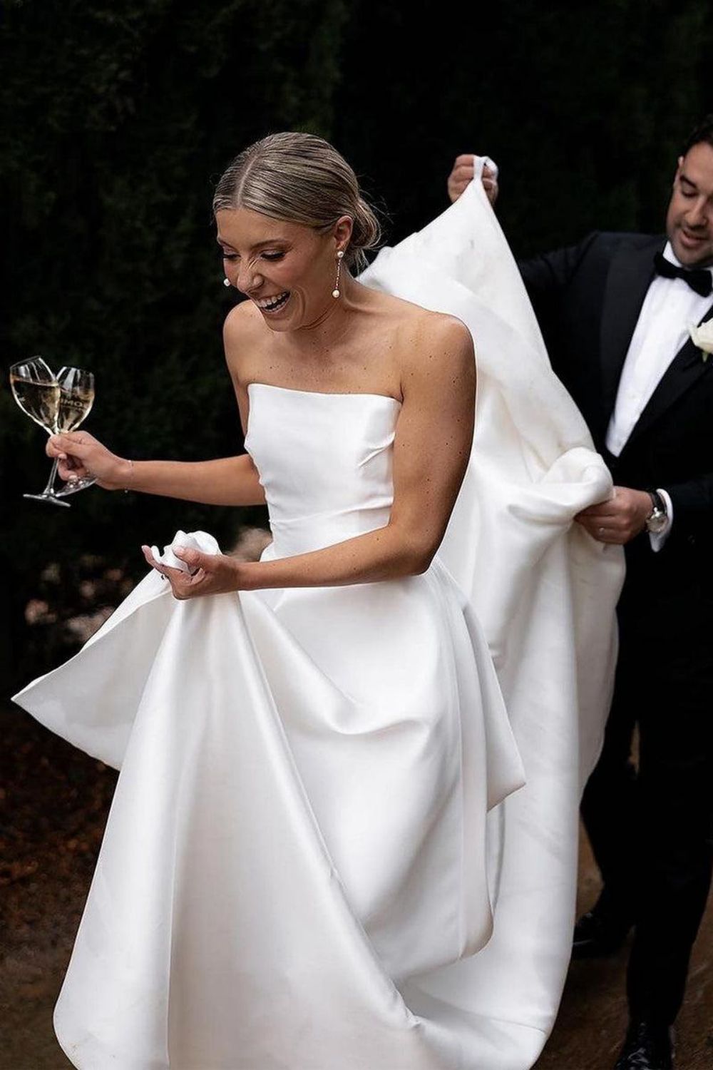 Simple A Line Strapless White Long Bridal Dress with Train - View 3 | VelvetHem