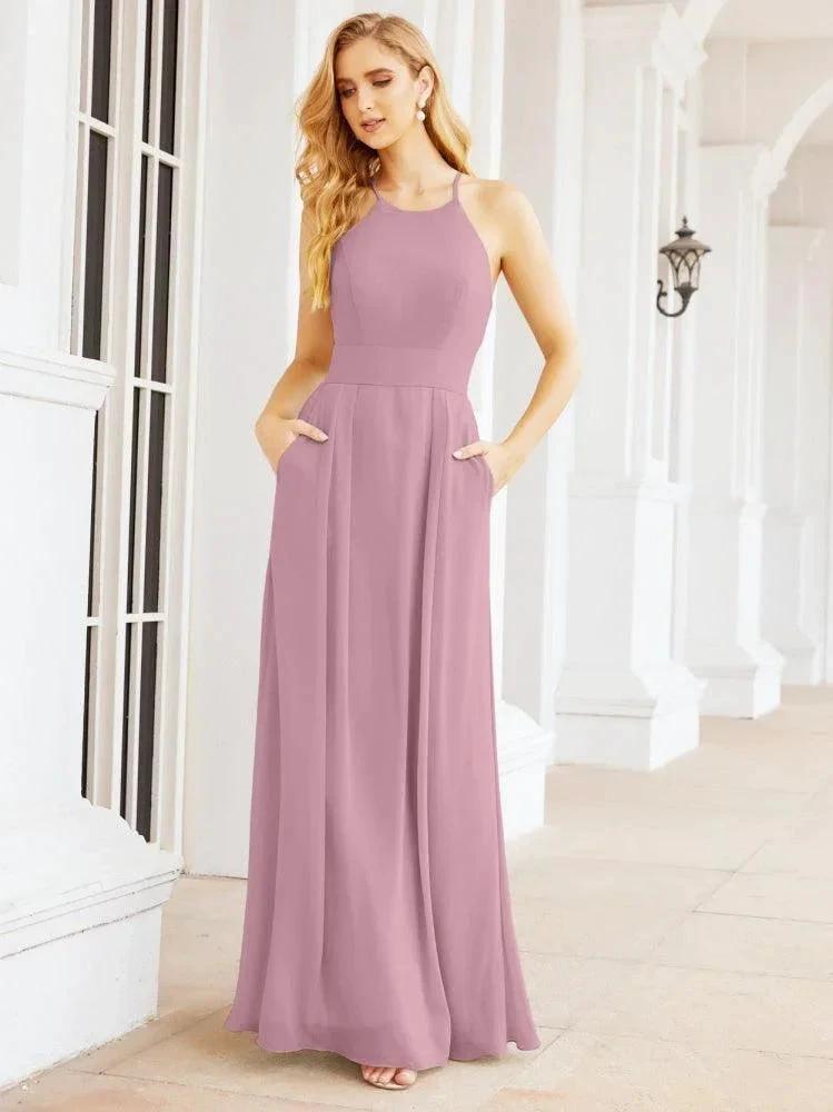 Numbersea Halter Bridesmaid Dresses with Pockets Sleeveless Formal Evening Party Prom Gowns 28055 by numbersea