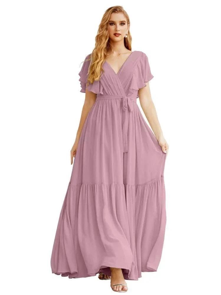 Women's Open Back Formal Evening Party Prom Gowns V-Neck Long Chiffon Bridesmaid Dresses with Waist Belt SEA28038 by numbersea