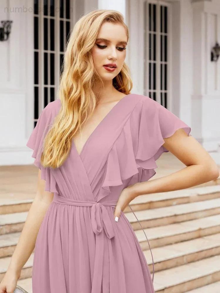 ZapDress Women's Open Back Formal Evening Party Prom Gowns V-Neck Long Chiffon Bridesmaid Dresses with Waist Belt 28038 (ZD17000)