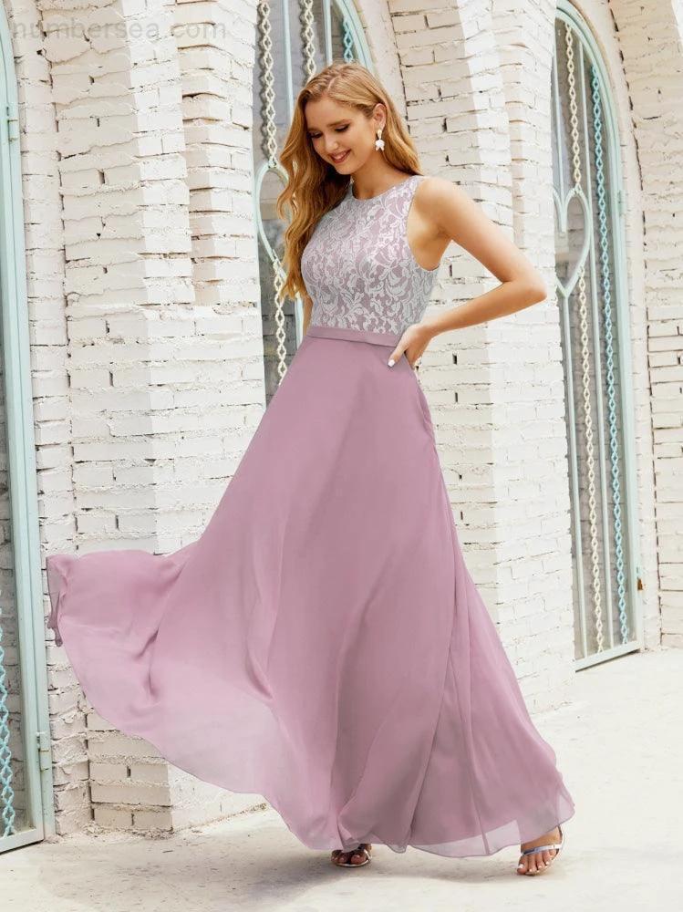 Lace Bridesmaid Dress Floor Length Evening Gowns with Pockets 28017 (ZD16964)