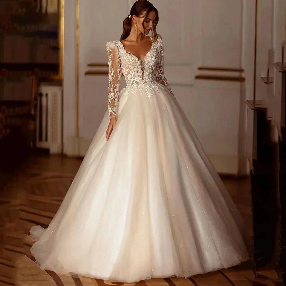 Glitter Champagne Wedding Dresses Long Sleeve Appliques Lace Modern Bridal Dress Tulle Bride Gown vestidos de novia (ZD13566)