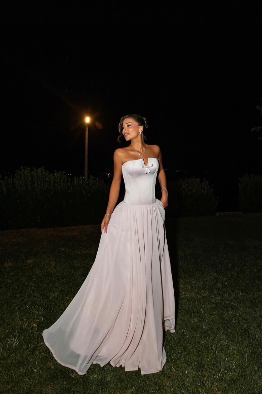 A Line Strapless Pink Corset Long Prom Dress with Bowknot