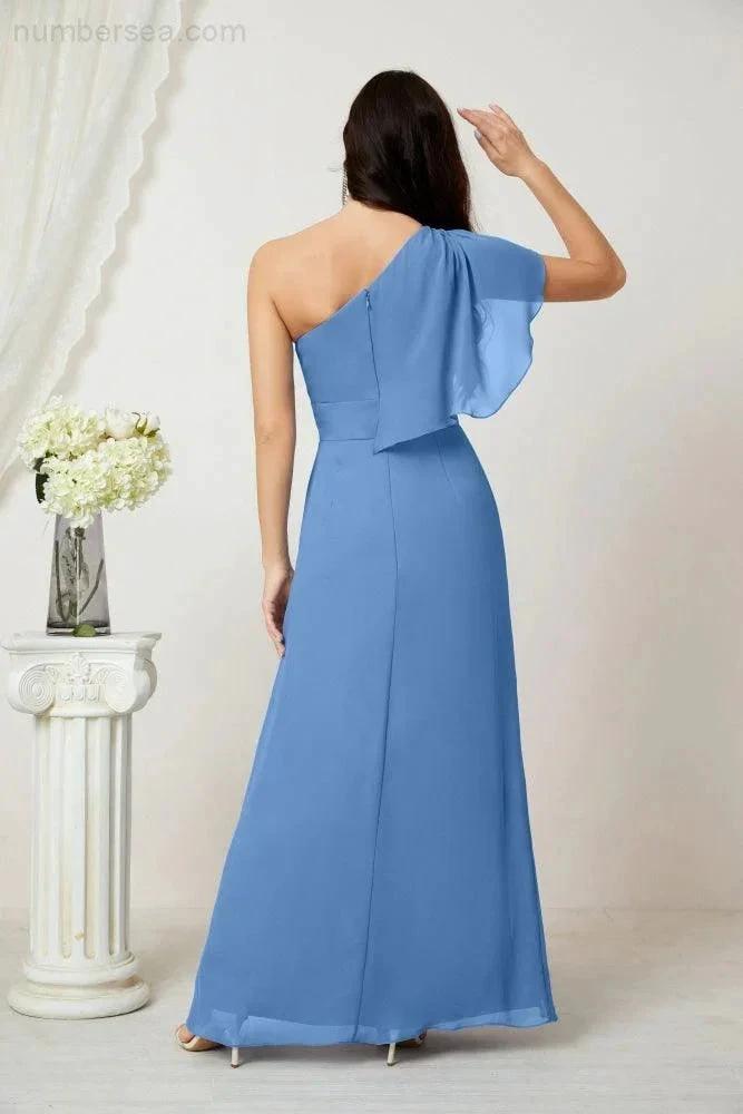 ZapDress  Chiffon Ruffled One Shoulder Long Bridesmaid Dresses A-line Formal Evening Gown Side Split 2809 (ZD17049)
