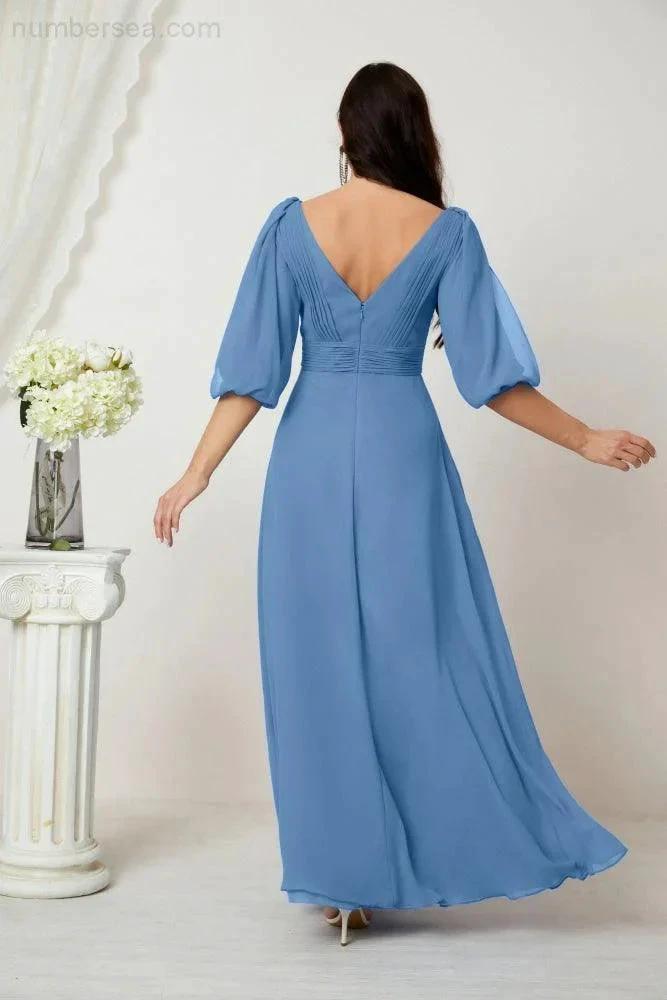 ZapDress  Formal Prom Gown Women V-Neck Chiffon Bridesmaid Dresses Long Bishop Sleeve Party Dress 2807 (ZD17027)