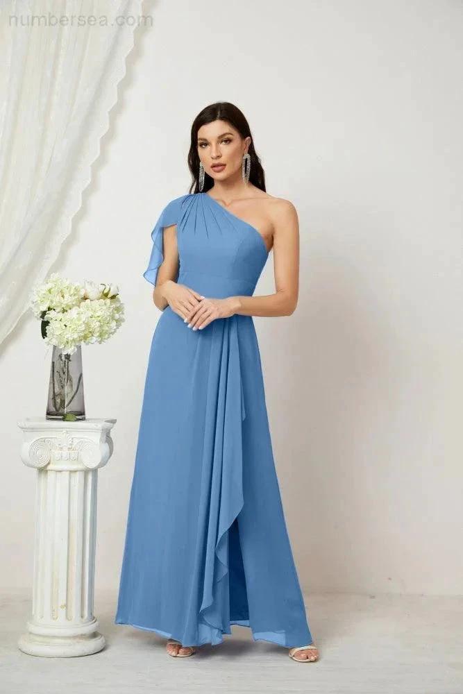 ZapDress  Chiffon Ruffled One Shoulder Long Bridesmaid Dresses A-line Formal Evening Gown Side Split 2809 (ZD17049)