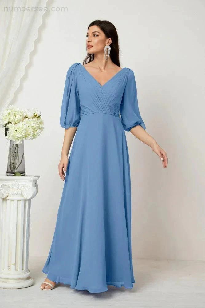 ZapDress  Formal Prom Gown Women V-Neck Chiffon Bridesmaid Dresses Long Bishop Sleeve Party Dress 2807 (ZD17027)