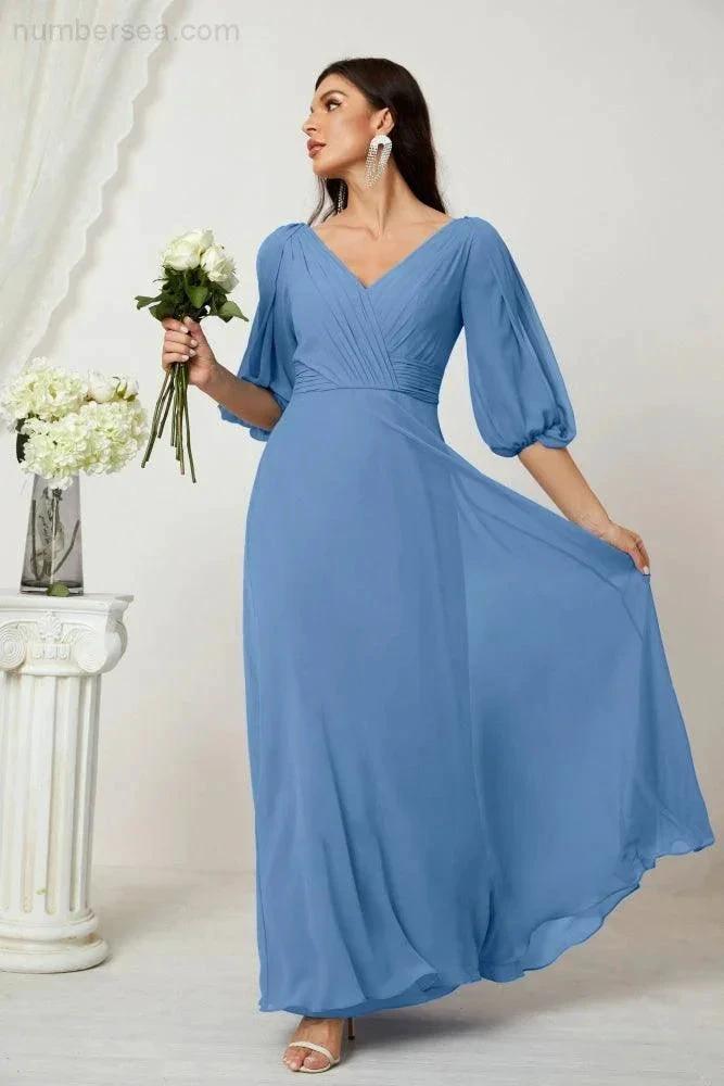 ZapDress  Formal Prom Gown Women V-Neck Chiffon Bridesmaid Dresses Long Bishop Sleeve Party Dress 2807 (ZD17027)