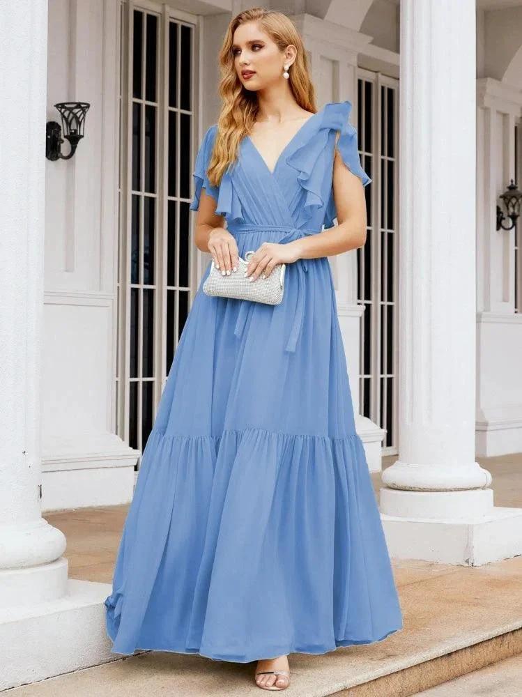 Numbersea Women's Open Back Formal Evening Party Prom Gowns V-Neck Long Chiffon Bridesmaid Dresses with Waist Belt 28038 by numbersea
