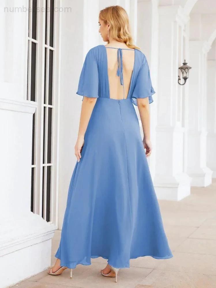 ZapDress V-Neck Bridesmaid Dress Chiffon Long Open Back Formal Dresses for Women Party Evening 28067 (ZD17046)