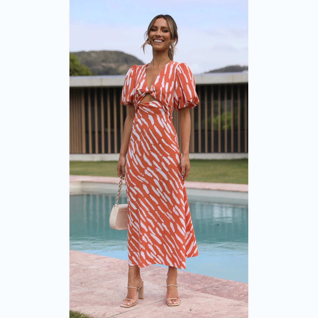 Printed V Neck A Line Midi Dress for a Fresh Style