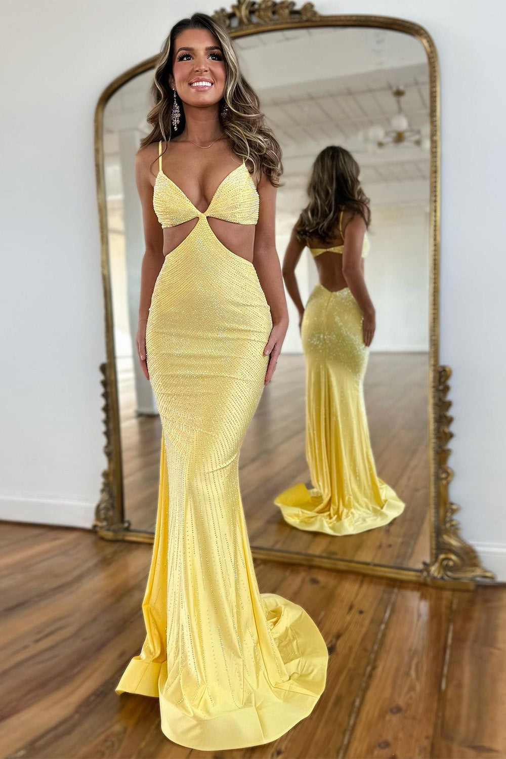 Stylish Orange Mermaid Spaghetti Straps Long Beaded Prom Dress - VelvetHem