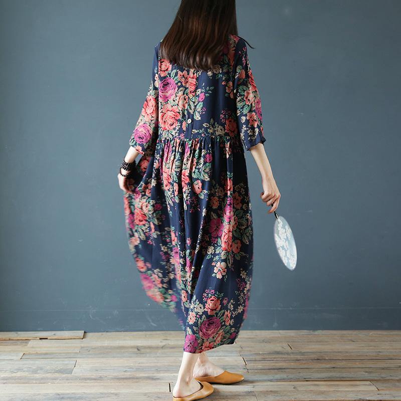 O Neck Cotton Linen Robes Work Outfits Navy Prints Dress