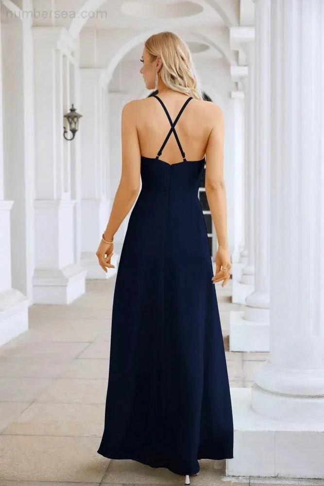 Ladies Chiffon Spaghetti Strap V Neck Front Slit Floor Length Bridesmaid Evening Dress Prom Party Wedding Evening Dress 28116 (ZD17012)