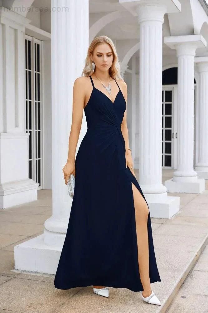 Ladies Chiffon Spaghetti Strap V Neck Front Slit Floor Length Bridesmaid Evening Dress Prom Party Wedding Evening Dress 28116 (ZD17012)