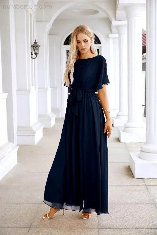 Ladies Chiffon Sleeve Crew Neck Front Slit Floor Length Bridesmaid Evening Dress Wedding Party Evening Dress 28124 (ZD17007)