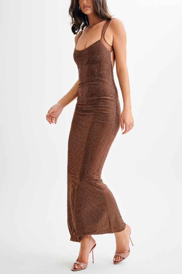 Louisa Aesthetic Midnight Fantasy Stretch Sequin Mesh Strap Open Back Maxi Dress Premium Wardrobe Essential