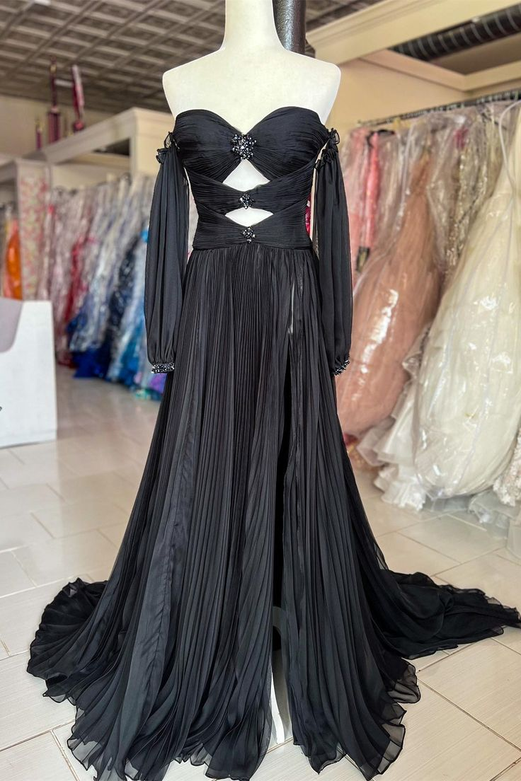 Black Rhinestones Strapless A-Line Prom Dress with Sleeves - VelvetHem