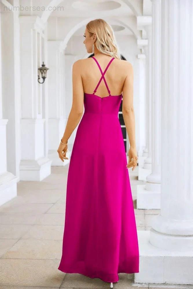 Ladies Chiffon Spaghetti Strap V Neck Front Slit Floor Length Bridesmaid Evening Dress Prom Party Wedding Evening Dress 28116 (ZD17012)