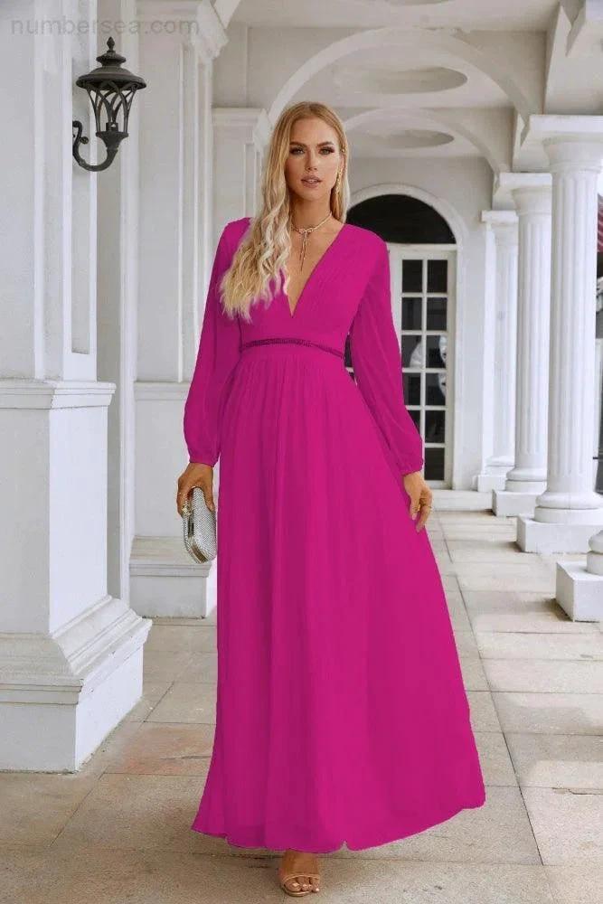 Ladies V Neck Chiffon Long Sleeve Front Slit Bridesmaid Evening Dress Wedding Party Shopping Evening Dress 28109 (ZD16991)