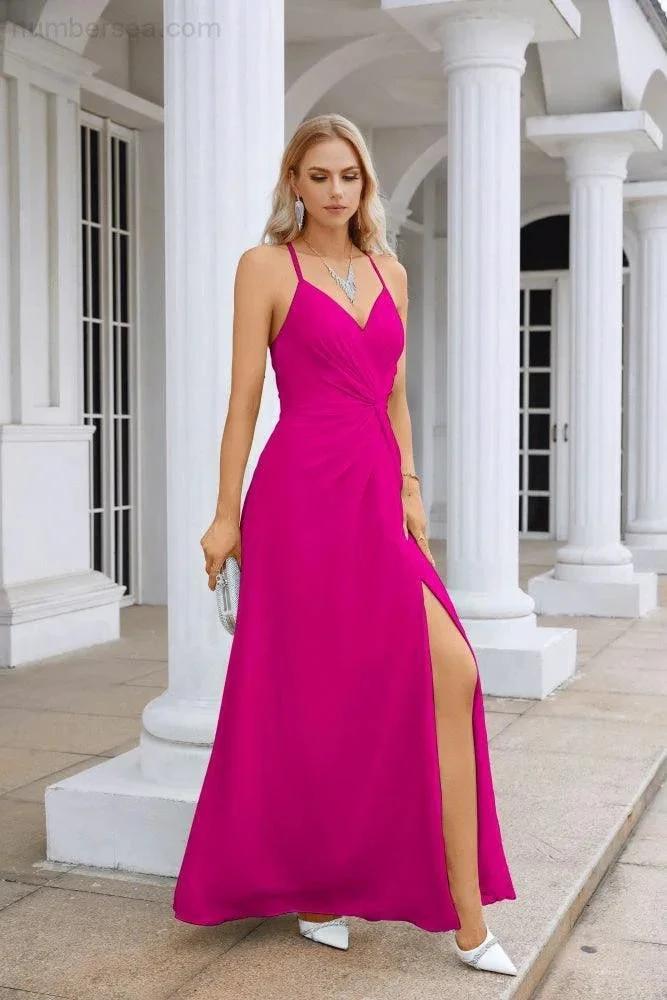 Ladies Chiffon Spaghetti Strap V Neck Front Slit Floor Length Bridesmaid Evening Dress Prom Party Wedding Evening Dress 28116 (ZD17012)