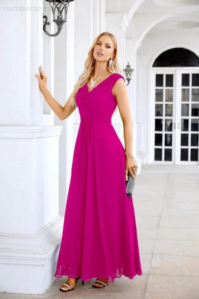 Ladies Chiffon V Neck Sleeveless Floor Length Bridesmaid Evening Dress Wedding Party Evening Dress 28126 (ZD16989)