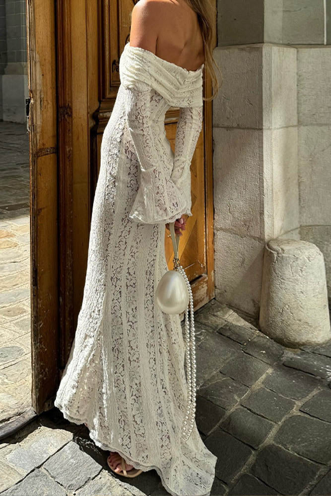 Matilde Statement Lace Wide Flared Sleeve Off Shoulder Dress Boutique Collection