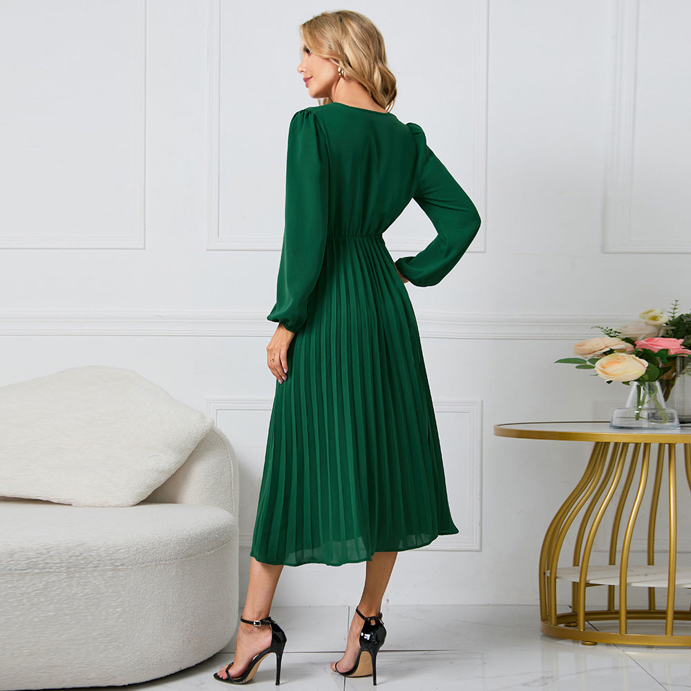 Guillermina Minimalist Pleated Midi Dress with a Crossover V Neck Designer Edit