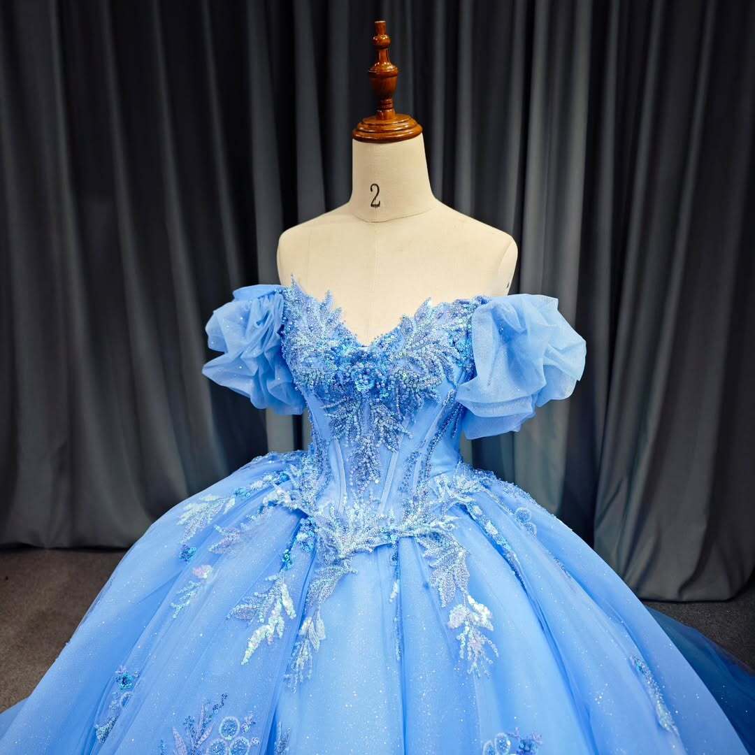 Elegant A Line Off the Shoulder Blue Ball Gown Quinceanera Dress with Beading Appliques - View 4 | VelvetHem