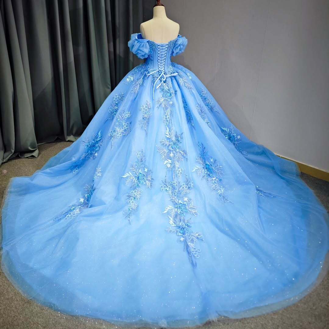 Elegant A Line Off the Shoulder Blue Ball Gown Quinceanera Dress with Beading Appliques - View 2 | VelvetHem