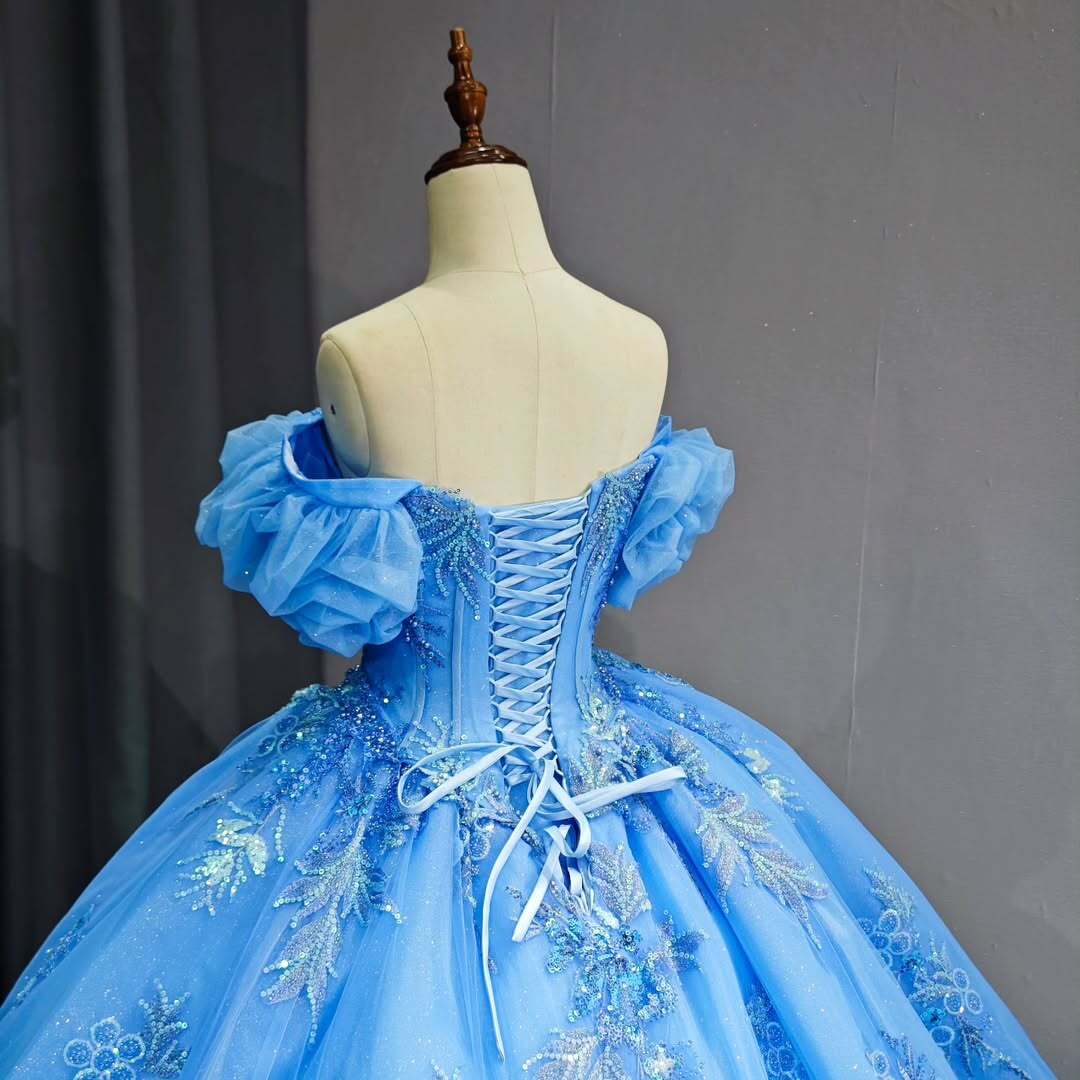 Elegant A Line Off the Shoulder Blue Ball Gown Quinceanera Dress with Beading Appliques - View 6 | VelvetHem