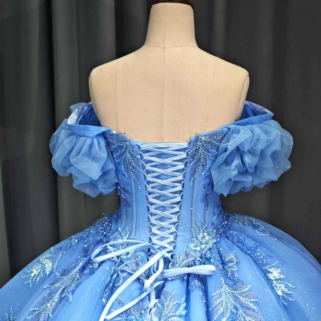 Elegant A Line Off the Shoulder Blue Ball Gown Quinceanera Dress with Beading Appliques - View 7 | VelvetHem