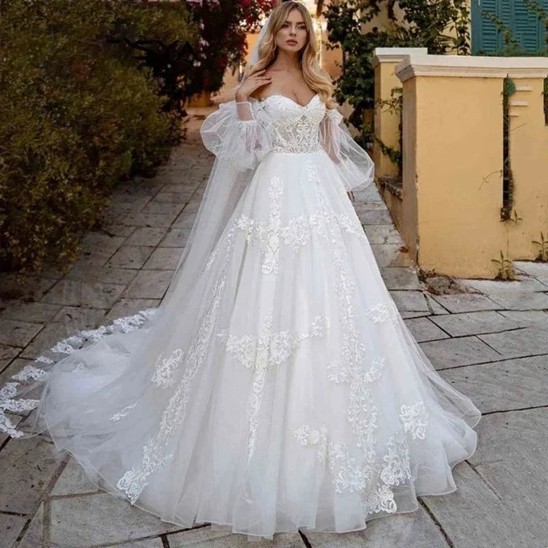Tulle Princess Wedding Dress Puff Sleeves Off Shoulder Bridal Gown Sweetheart Appliques Lace vestidos de noiva (ZD13415) - VelvetHem