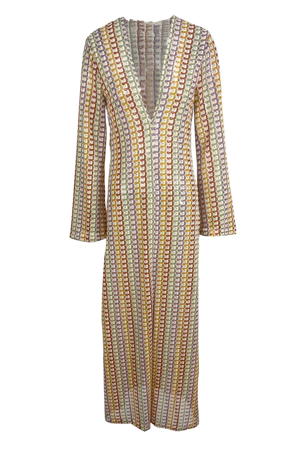 Pilar Chic Boho V Neck Bell Sleeve Maxi Dress, Wavy Striped Crochet Beach Holiday Dress Evening Wear Edit