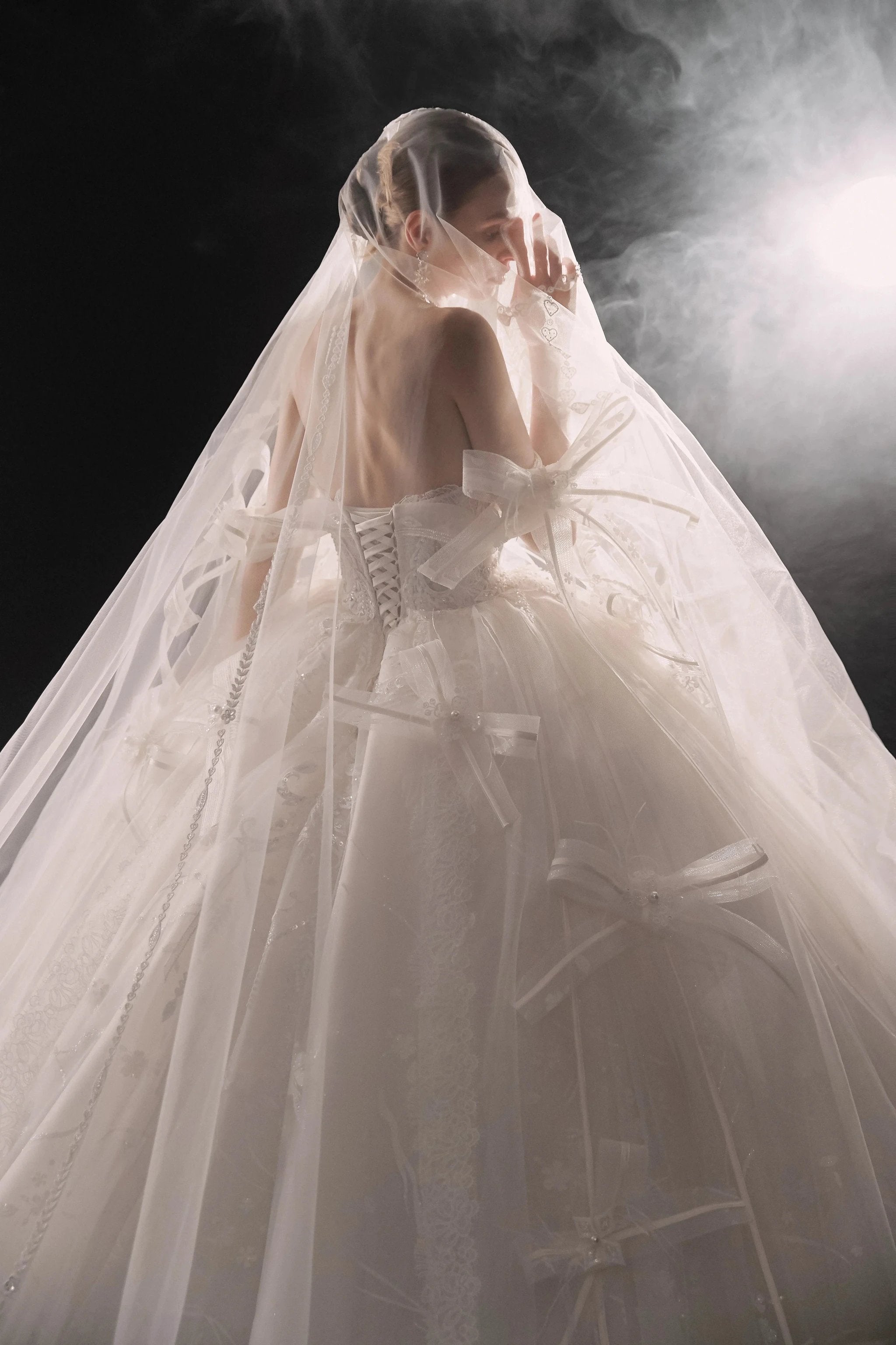 Romantic Strapless Ball Gown Tulle Ribbon Embellished Lace Wedding Dress with Voluminous Skirt (ZD16901)