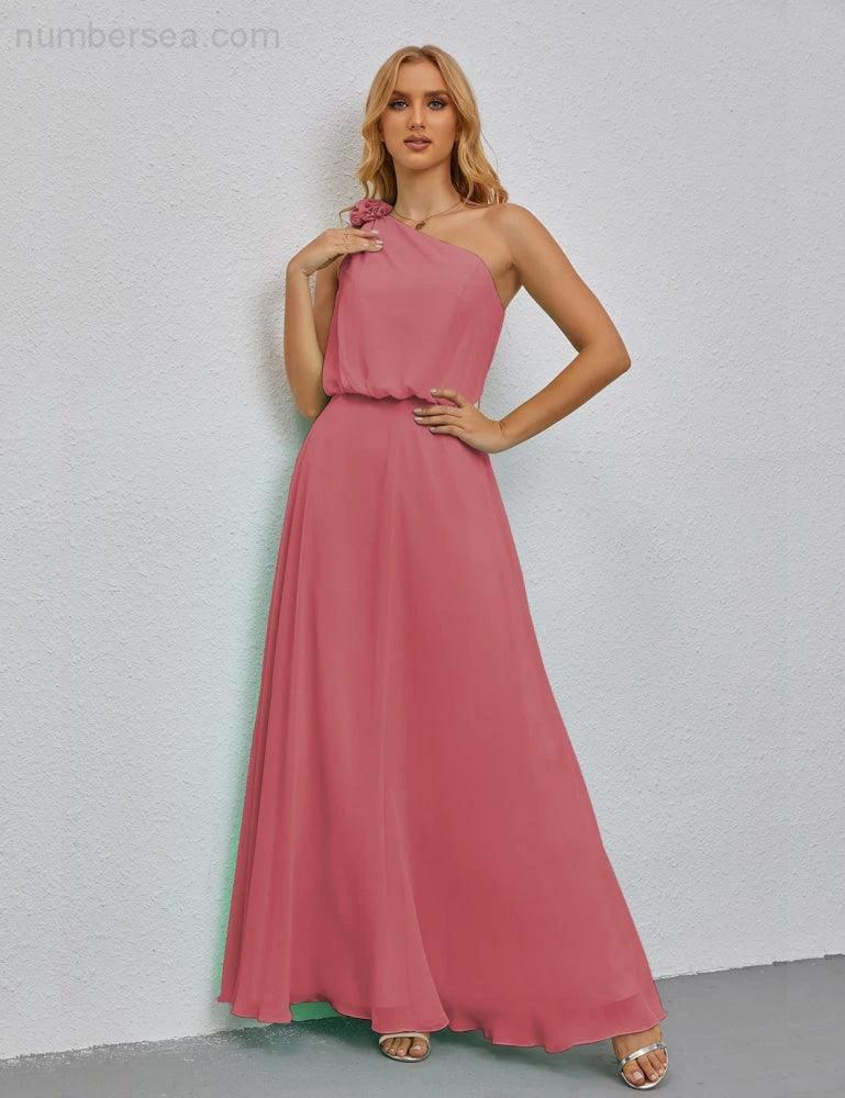 Ruffled One Shoulder Sleeveless Long Bridesmaid Dresses A-line Formal Evening Gown Side Split 28080 (ZD17018)