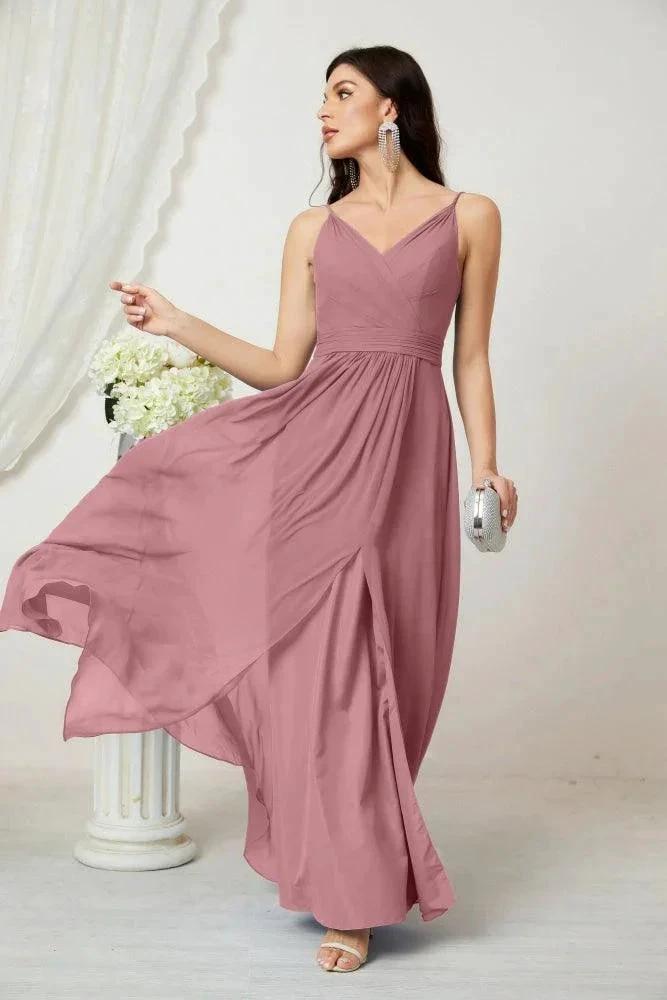 Numbersea Chiffon V-Neck Bridesmaid Dress Spaghetti Strap Long Formal Party Prom Gowns with Slit 28010 by numbersea