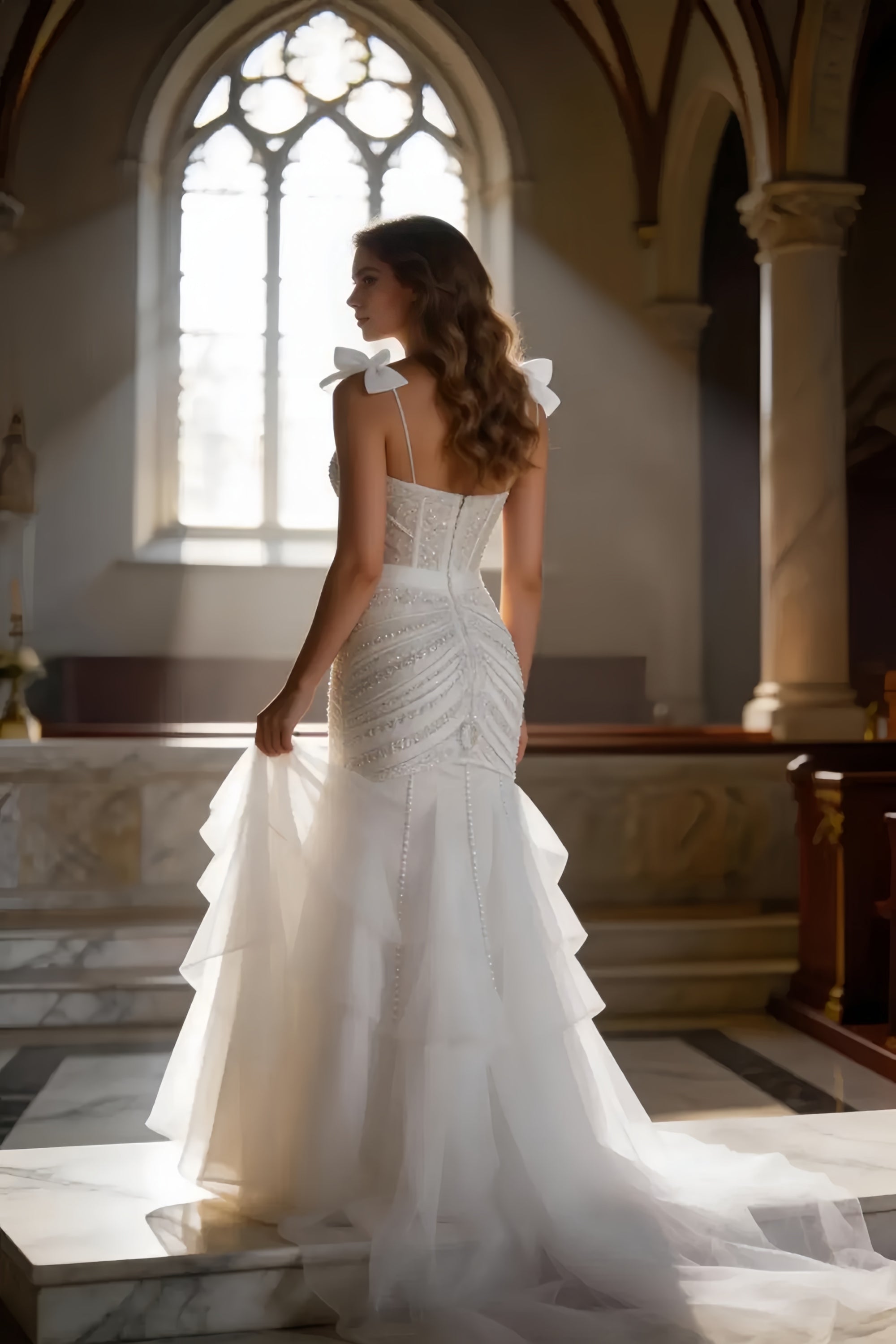 Elegant Bow Strap Corset Gown with Tiered Tulle Skirt