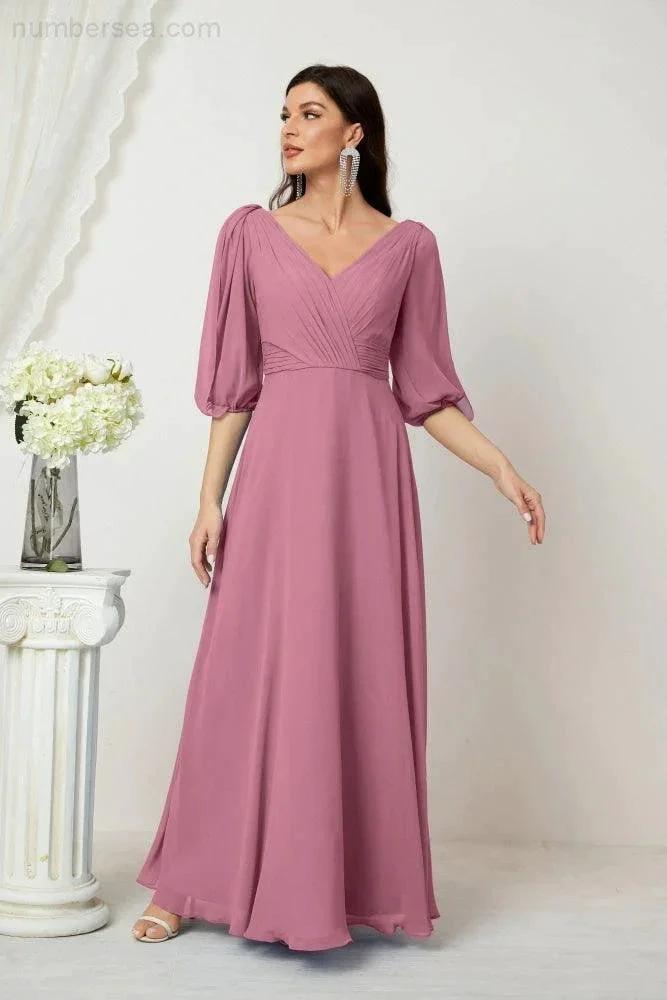 ZapDress  Formal Prom Gown Women V-Neck Chiffon Bridesmaid Dresses Long Bishop Sleeve Party Dress 2807 (ZD17027)