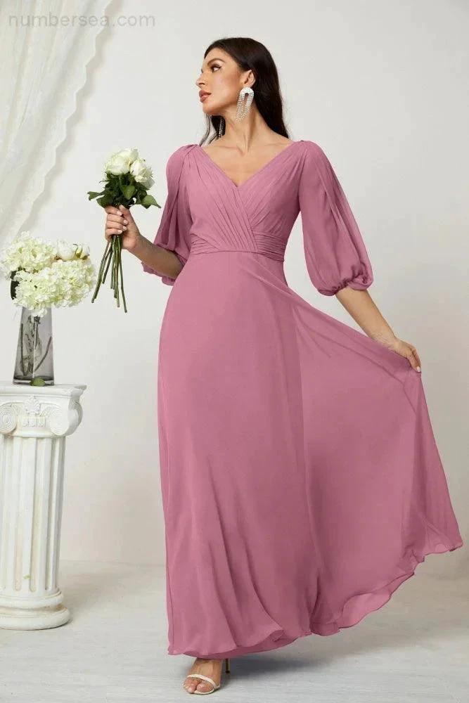 ZapDress  Formal Prom Gown Women V-Neck Chiffon Bridesmaid Dresses Long Bishop Sleeve Party Dress 2807 (ZD17027)