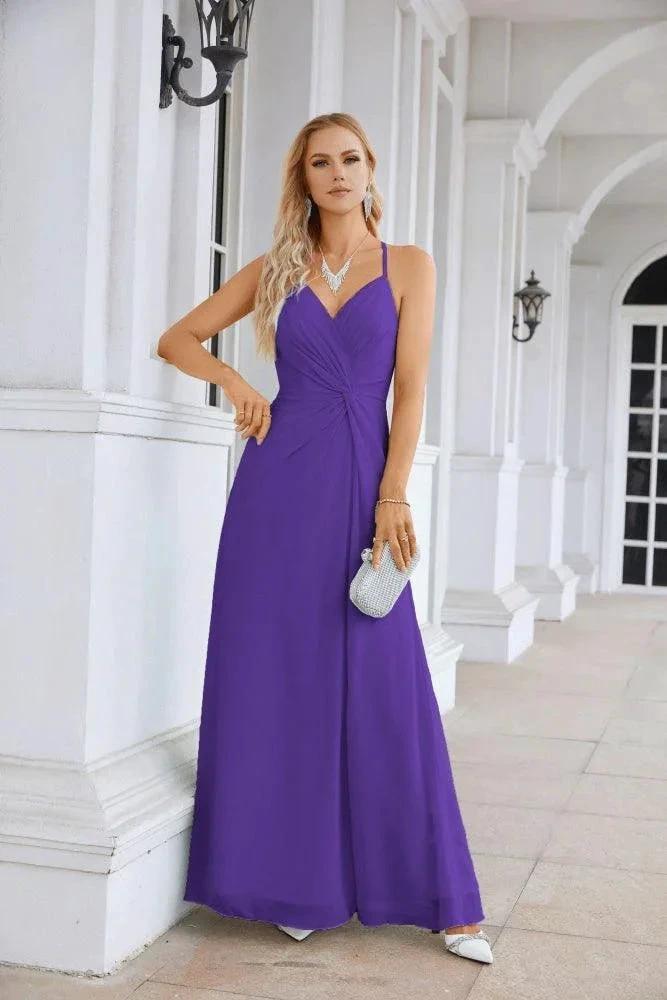 Ladies Chiffon Spaghetti Strap V Neck Front Slit Floor Length Bridesmaid Evening Dress Prom Party Wedding Evening Dress 28116 by numbersea