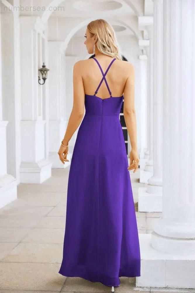 Ladies Chiffon Spaghetti Strap V Neck Front Slit Floor Length Bridesmaid Evening Dress Prom Party Wedding Evening Dress 28116 (ZD17012)