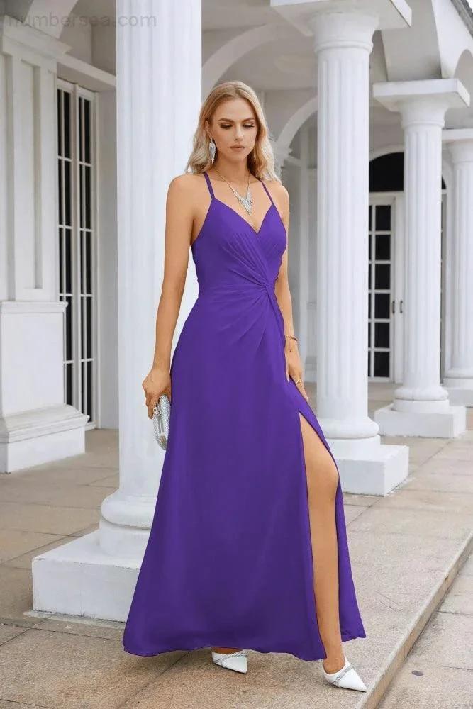 Ladies Chiffon Spaghetti Strap V Neck Front Slit Floor Length Bridesmaid Evening Dress Prom Party Wedding Evening Dress 28116 (ZD17012)