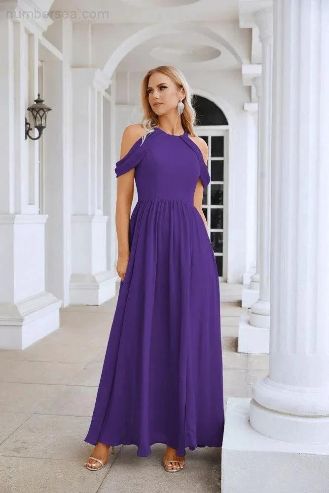Ladies Chiffon Off Shoulder Swing Sleeve Front Slit Bridesmaid Evening Dress Wedding Party Evening Dress 28117 (ZD17011)