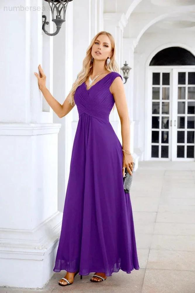 Ladies Chiffon V Neck Sleeveless Floor Length Bridesmaid Evening Dress Wedding Party Evening Dress 28126 (ZD16989)