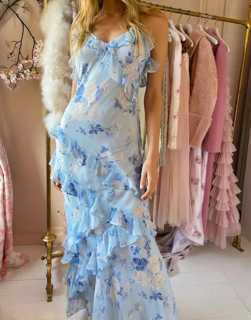 Charming Spaghetti Straps Chiffon Print Prom Dress Ruffles Mermaid Party Evening Gown
